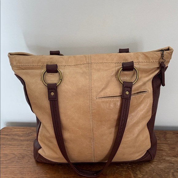 The Sak Iris Two-toned Leather Tote Bag Brown Tan Color Block - Picture 5 of 13